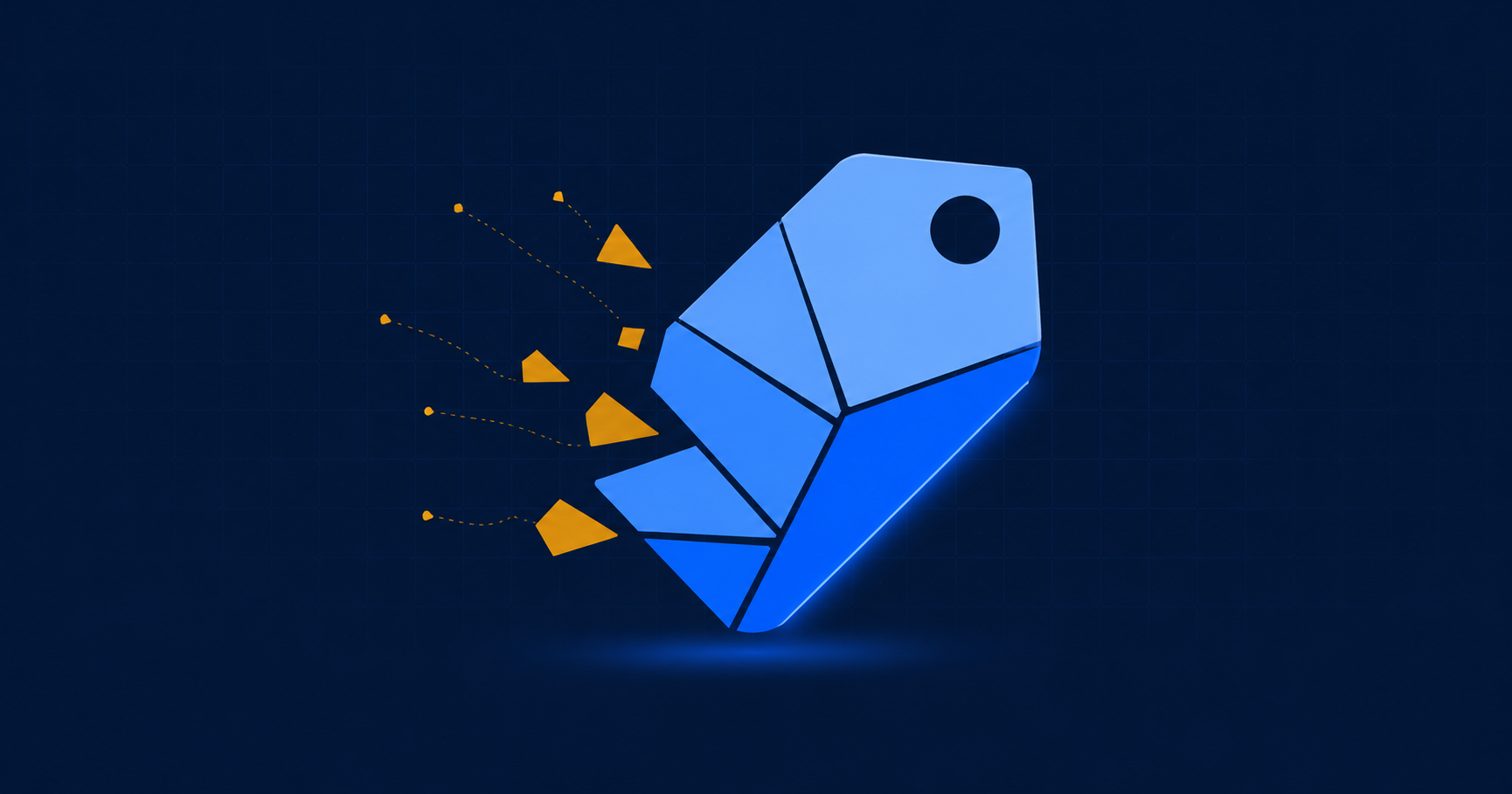 Etiqueta de precio azul que se descompone en fragmentos de costo que se desprenden, sobre fondo azul marino