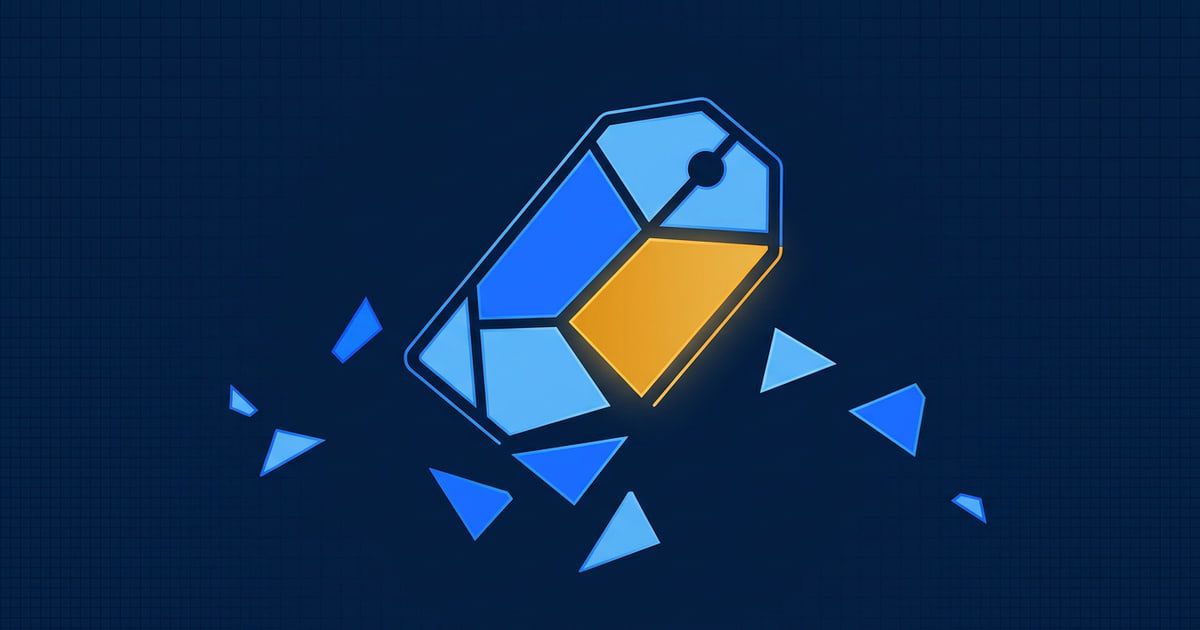 Etiqueta de precio dividida en segmentos, uno resaltado en ámbar, con fragmentos que se desprenden, sobre fondo azul marino
