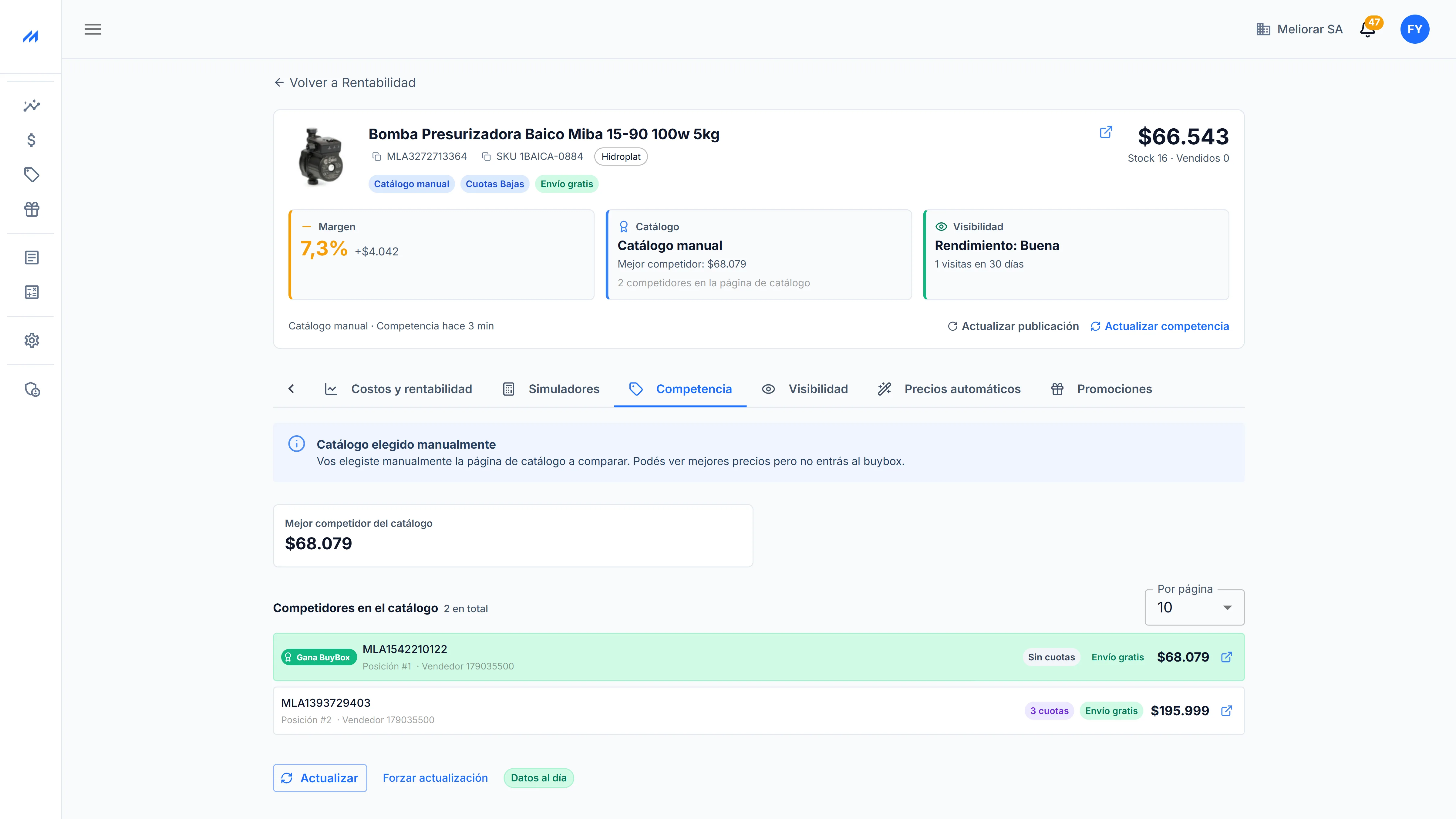 Pantalla de competencia y BuyBox de Meliorar con precios de competidores